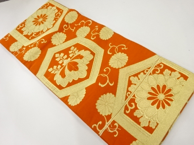 JAPANESE KIMONO / ANTIQUE FUKURO OBI / SILK / WOVEN KIKU & PAULOWNIA